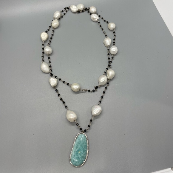 Meira T Amazonite and Diamond Pendant on Pearl and Gemstone Chain - Picture 1 of 5